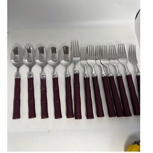 Hampton Silversmiths Flatware 13pc Set Burgundy Faux Bamboo Stainless Steel